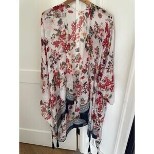 One Size Kimono Duster Cream Red Floral